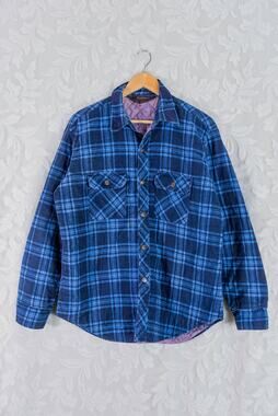 Vintage 80s Men's Thrashed Blue Flannel Shirt Jacket, Quilted Lined Shacket, LG